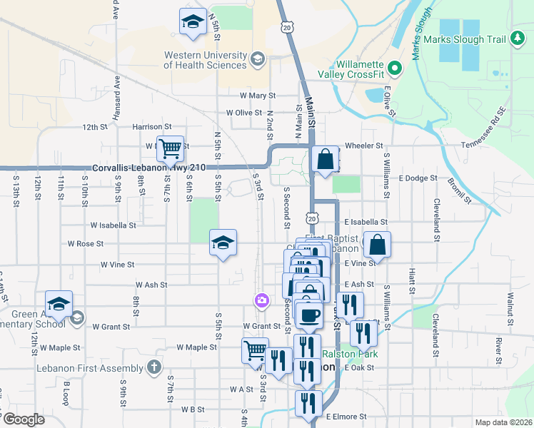 map of restaurants, bars, coffee shops, grocery stores, and more near 313 South 3rd Street in Lebanon