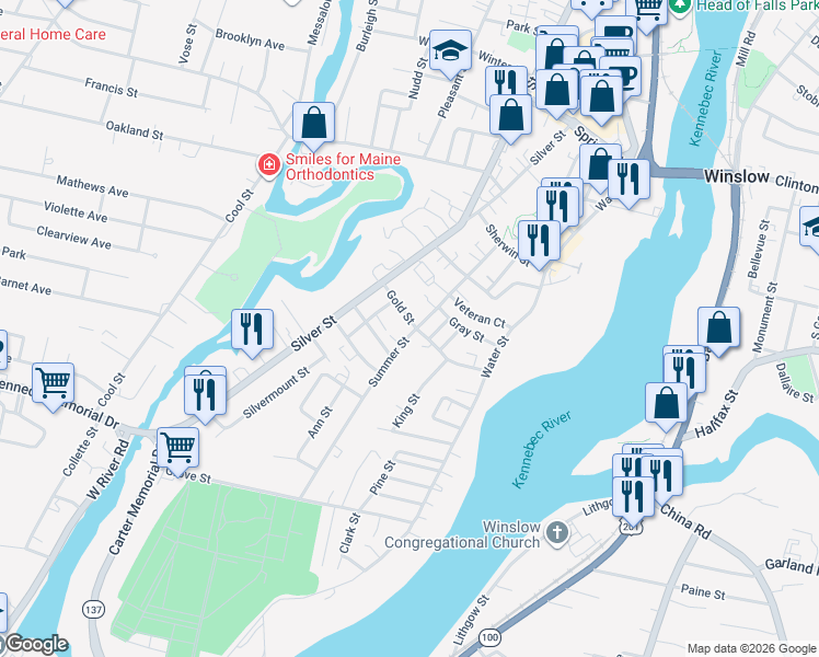 map of restaurants, bars, coffee shops, grocery stores, and more near 21 Gold Street in Waterville