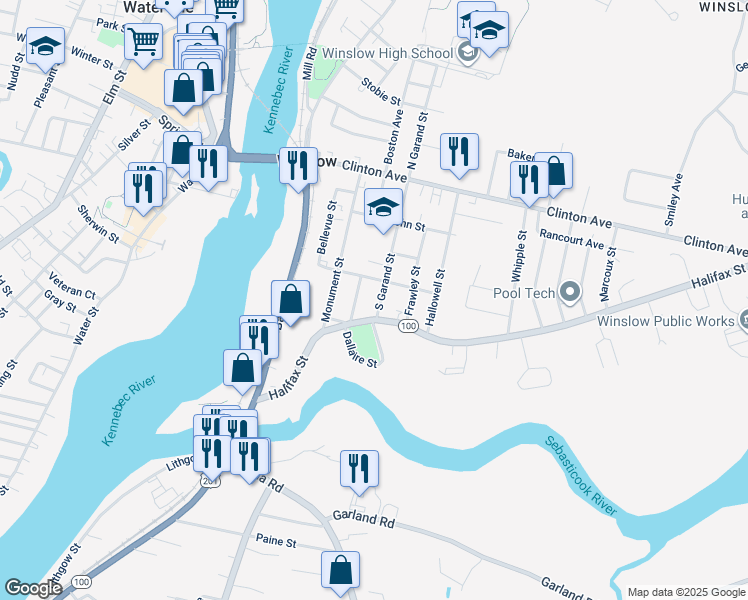 map of restaurants, bars, coffee shops, grocery stores, and more near 42 Halifax Street in Winslow