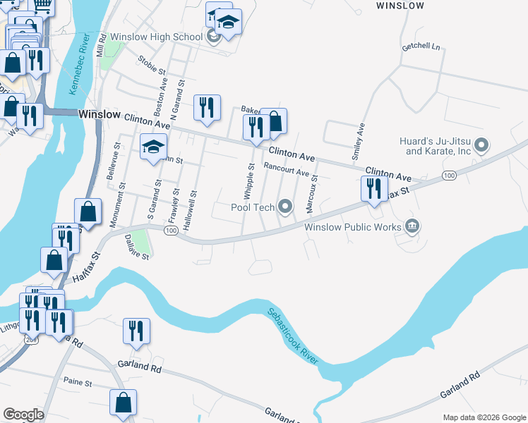 map of restaurants, bars, coffee shops, grocery stores, and more near 102 Halifax Street in Winslow