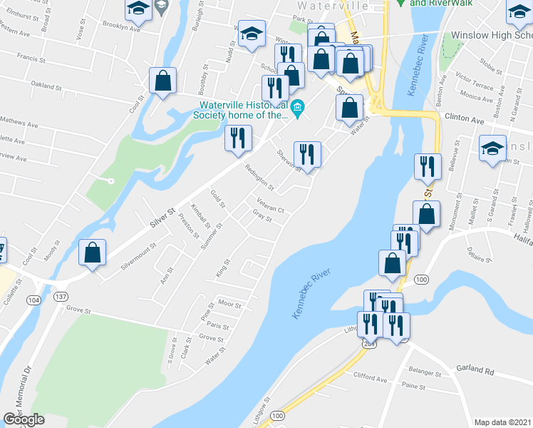 map of restaurants, bars, coffee shops, grocery stores, and more near 13 Gray Street in Waterville