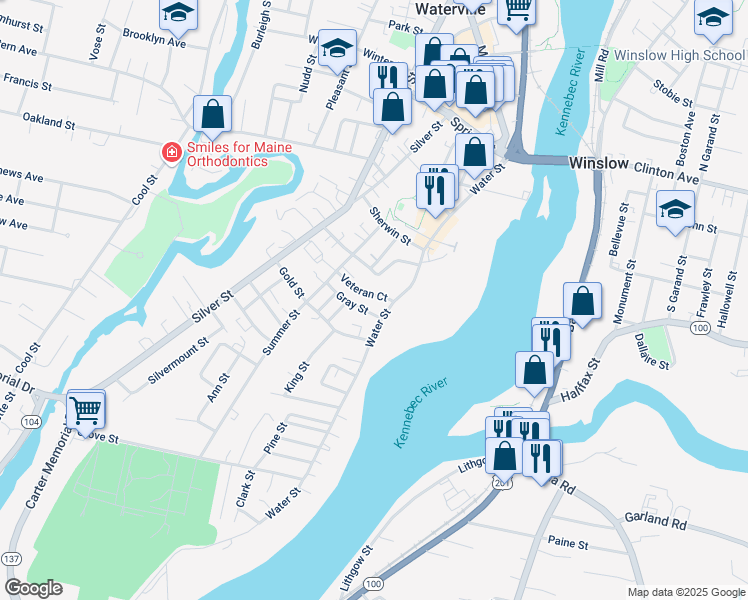 map of restaurants, bars, coffee shops, grocery stores, and more near 74 Water Street in Waterville