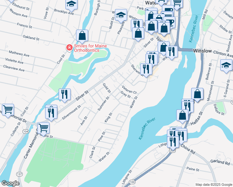 map of restaurants, bars, coffee shops, grocery stores, and more near 21 Gold Street in Waterville