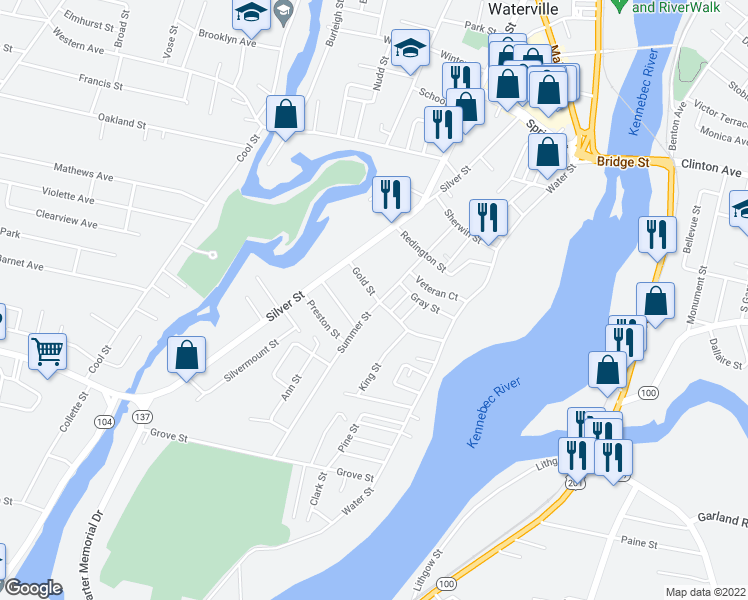 map of restaurants, bars, coffee shops, grocery stores, and more near 32 Gold Street in Waterville