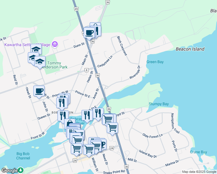 map of restaurants, bars, coffee shops, grocery stores, and more near 10 Riverside Drive in Lindsay