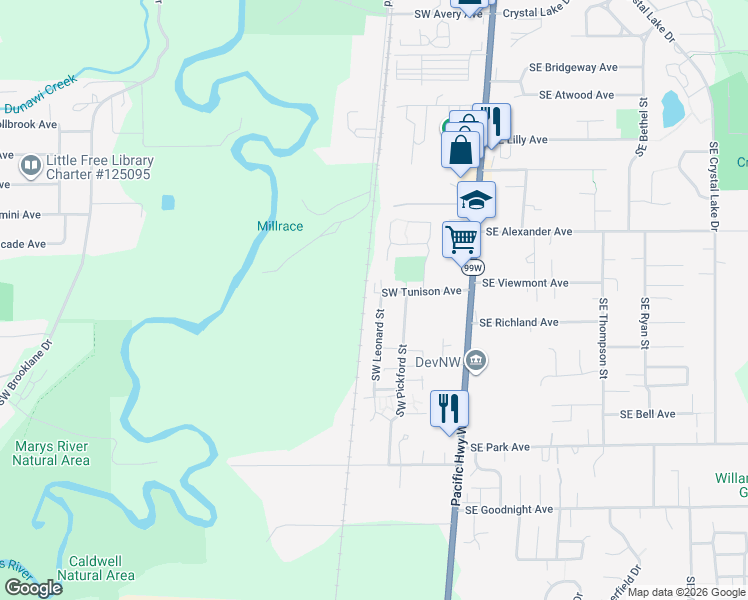 map of restaurants, bars, coffee shops, grocery stores, and more near 2312 Southwest Leonard Street in Corvallis