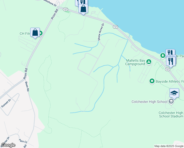 map of restaurants, bars, coffee shops, grocery stores, and more near 519 Shore Acres Drive in Colchester