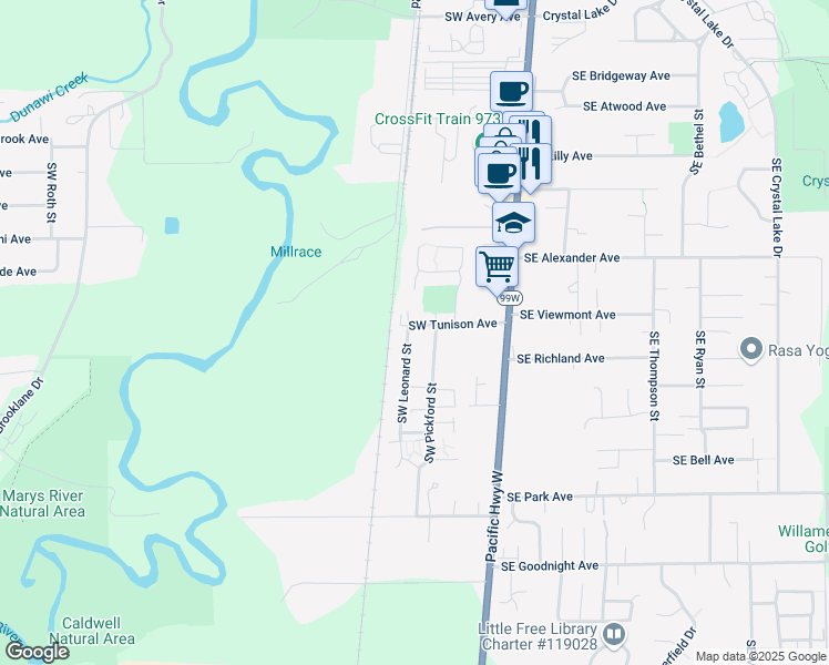 map of restaurants, bars, coffee shops, grocery stores, and more near 2415 Southwest Leonard Street in Corvallis