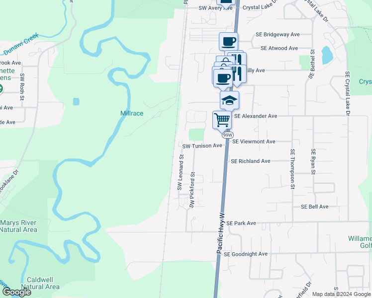 map of restaurants, bars, coffee shops, grocery stores, and more near 2415 Southwest Leonard Street in Corvallis