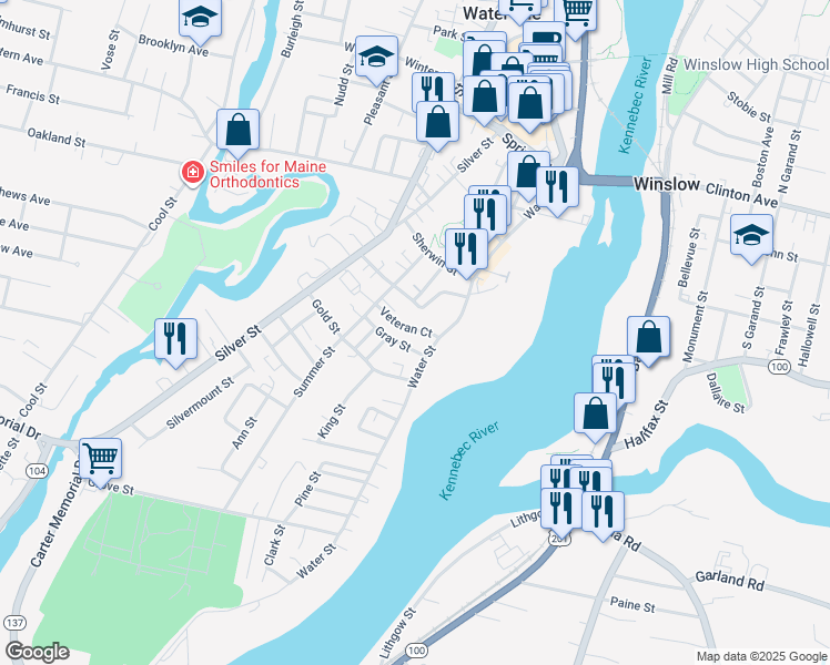 map of restaurants, bars, coffee shops, grocery stores, and more near 74 Water Street in Waterville