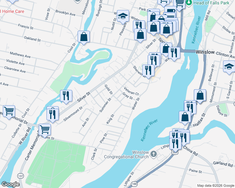 map of restaurants, bars, coffee shops, grocery stores, and more near 21 Gold Street in Waterville