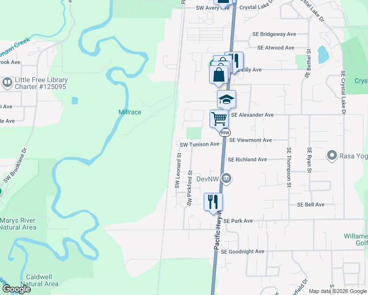 map of restaurants, bars, coffee shops, grocery stores, and more near 380 Southwest Tunison Avenue in Corvallis