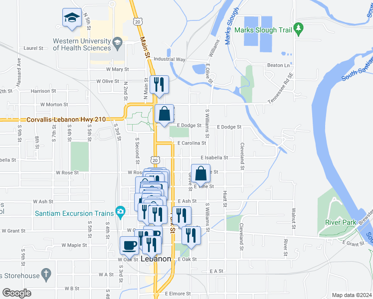 map of restaurants, bars, coffee shops, grocery stores, and more near 248 Grove Street in Lebanon