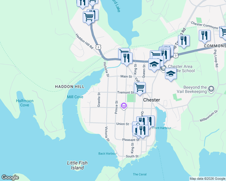 map of restaurants, bars, coffee shops, grocery stores, and more near 86 Tremont Street in Chester