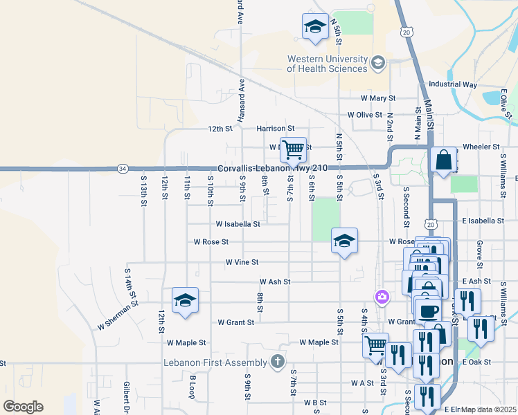 map of restaurants, bars, coffee shops, grocery stores, and more near 350 8th Street in Lebanon