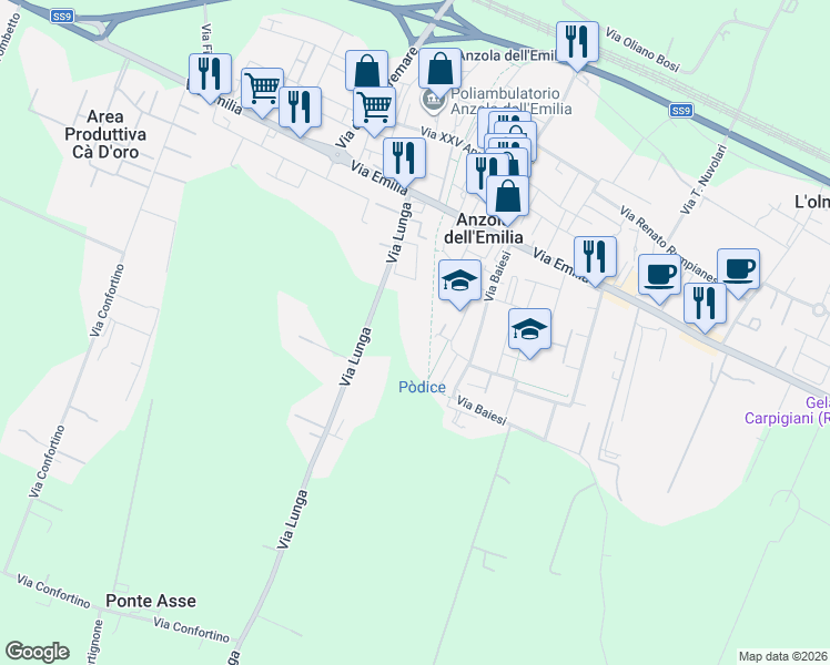 map of restaurants, bars, coffee shops, grocery stores, and more near 10 Via Lunga in Anzola dell'Emilia