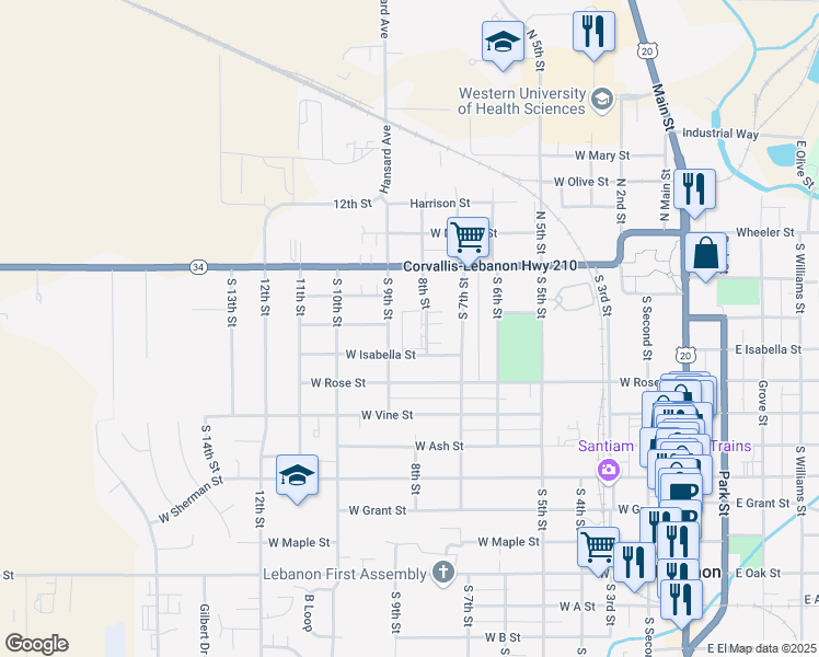 map of restaurants, bars, coffee shops, grocery stores, and more near 350 8th Street in Lebanon