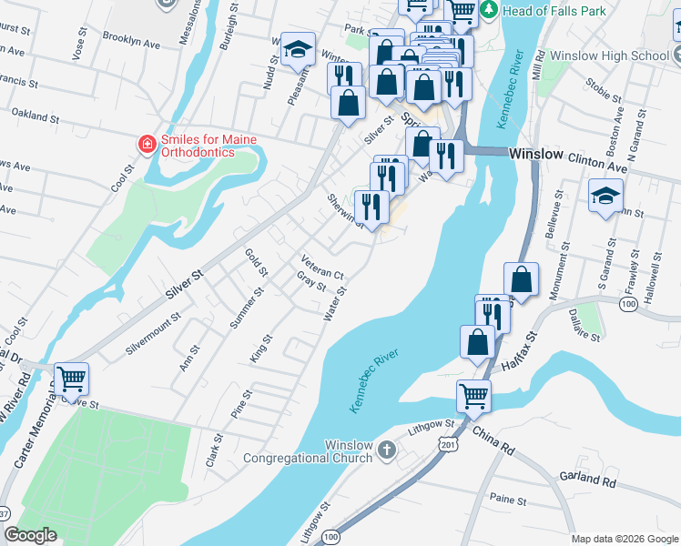 map of restaurants, bars, coffee shops, grocery stores, and more near 11 Autumn Street in Waterville