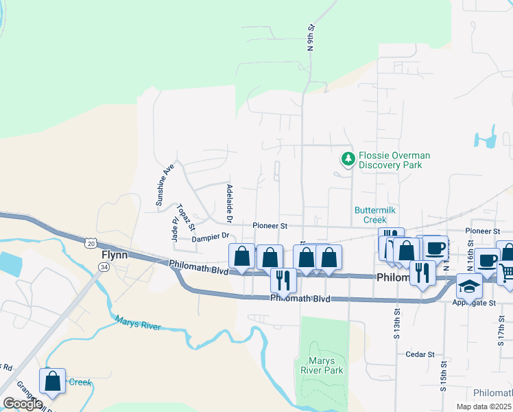 map of restaurants, bars, coffee shops, grocery stores, and more near 405 North 7th Street in Philomath