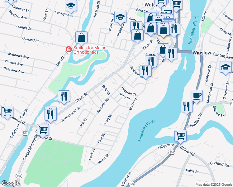 map of restaurants, bars, coffee shops, grocery stores, and more near 25 Summer Street in Waterville