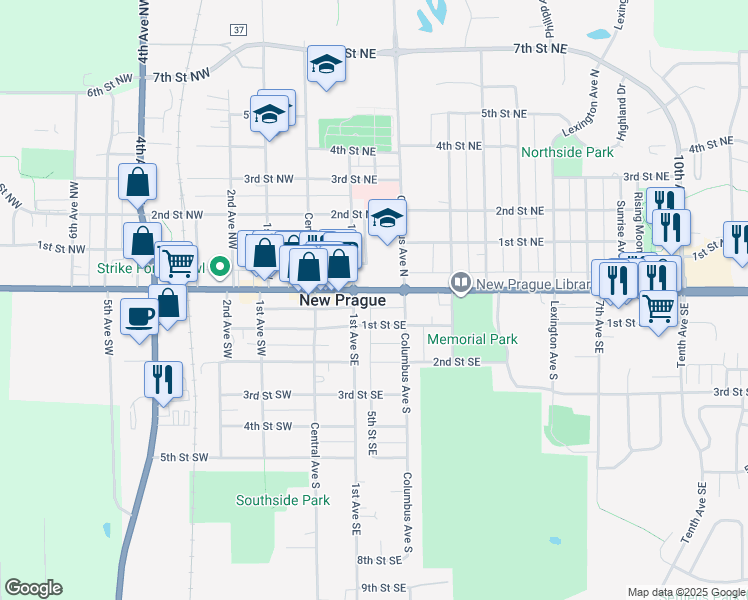 map of restaurants, bars, coffee shops, grocery stores, and more near 215 Main Street East in New Prague