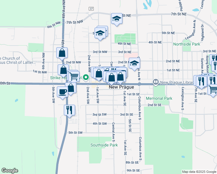 map of restaurants, bars, coffee shops, grocery stores, and more near in New Prague