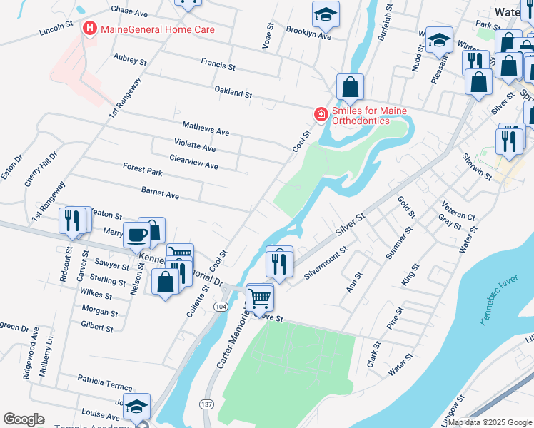 map of restaurants, bars, coffee shops, grocery stores, and more near 9 Burrill Street in Waterville