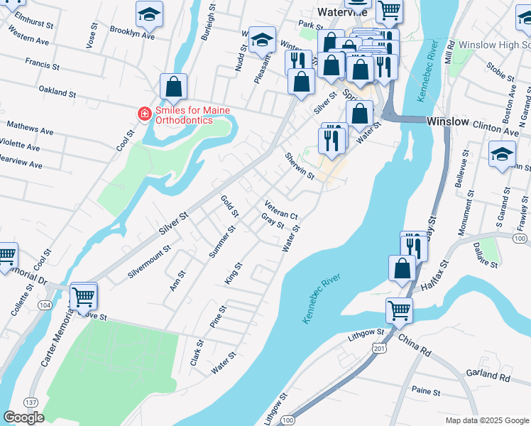 map of restaurants, bars, coffee shops, grocery stores, and more near 23 Gray Street in Waterville