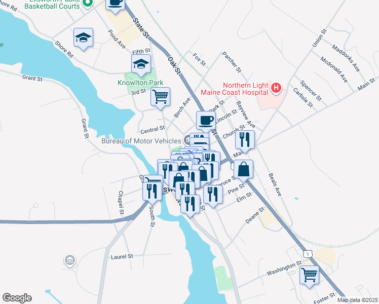 map of restaurants, bars, coffee shops, grocery stores, and more near 44 School Street in Ellsworth