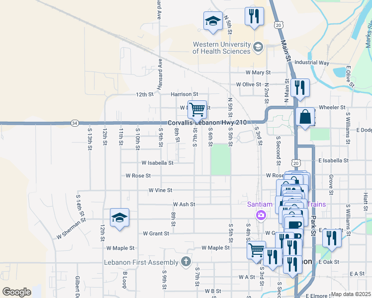 map of restaurants, bars, coffee shops, grocery stores, and more near 184 South 7th Street in Lebanon