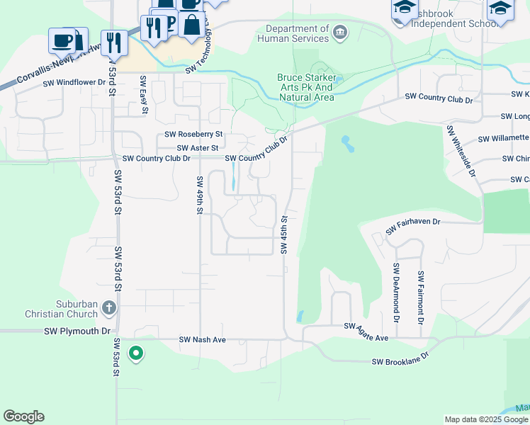 map of restaurants, bars, coffee shops, grocery stores, and more near 4649 Southwest Hollyhock Circle in Corvallis