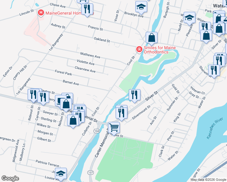 map of restaurants, bars, coffee shops, grocery stores, and more near 57 Cool Street in Waterville