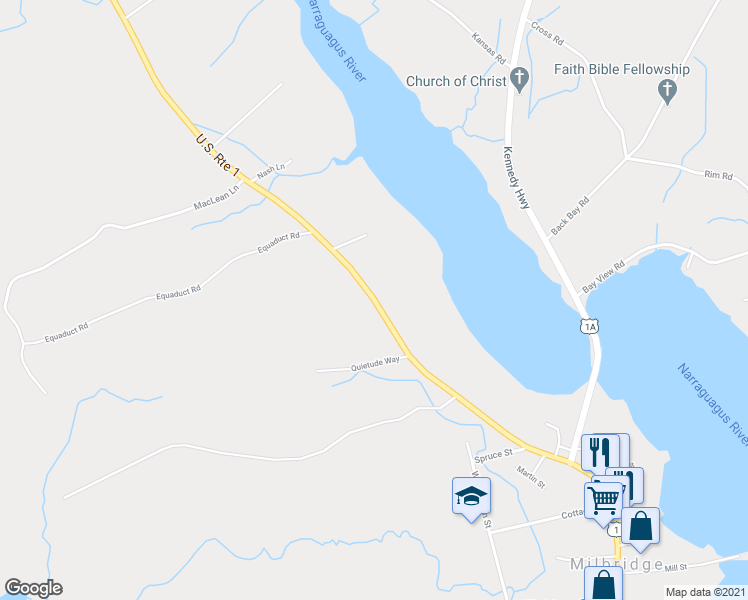 map of restaurants, bars, coffee shops, grocery stores, and more near 124 Main Street in Milbridge