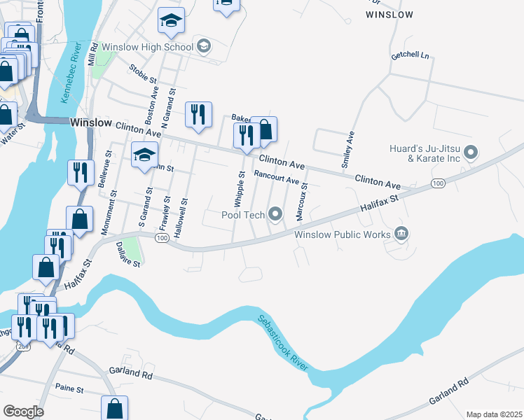 map of restaurants, bars, coffee shops, grocery stores, and more near 10 Poulin Street in Winslow