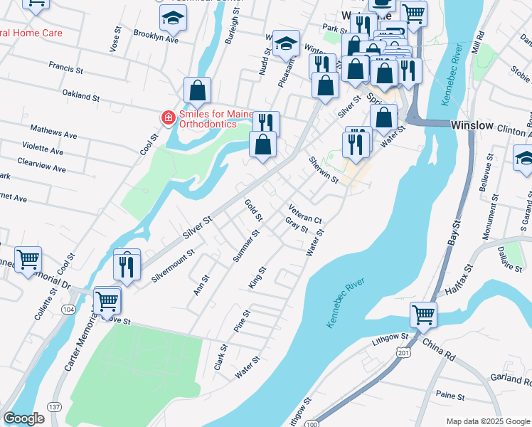 map of restaurants, bars, coffee shops, grocery stores, and more near 25 Summer Street in Waterville