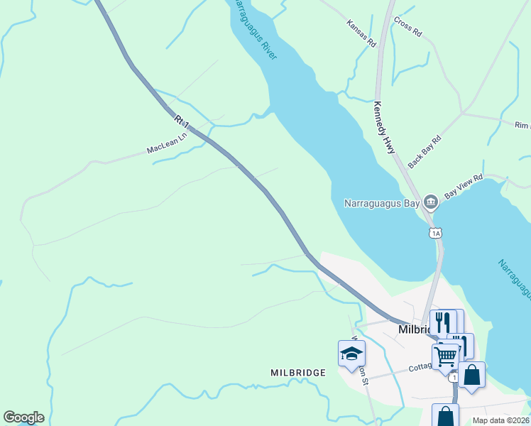 map of restaurants, bars, coffee shops, grocery stores, and more near 124 Main Street in Milbridge
