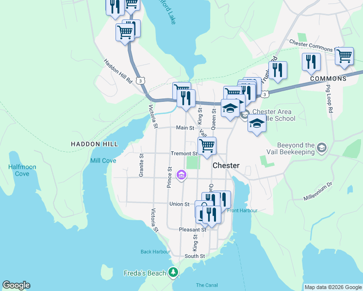 map of restaurants, bars, coffee shops, grocery stores, and more near 181 Central Street in Chester