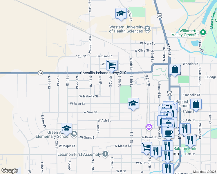 map of restaurants, bars, coffee shops, grocery stores, and more near 184 South 7th Street in Lebanon
