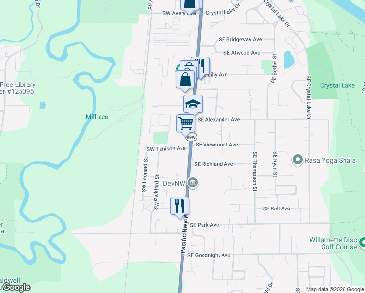 map of restaurants, bars, coffee shops, grocery stores, and more near 129 Southwest Tunison Avenue in Corvallis