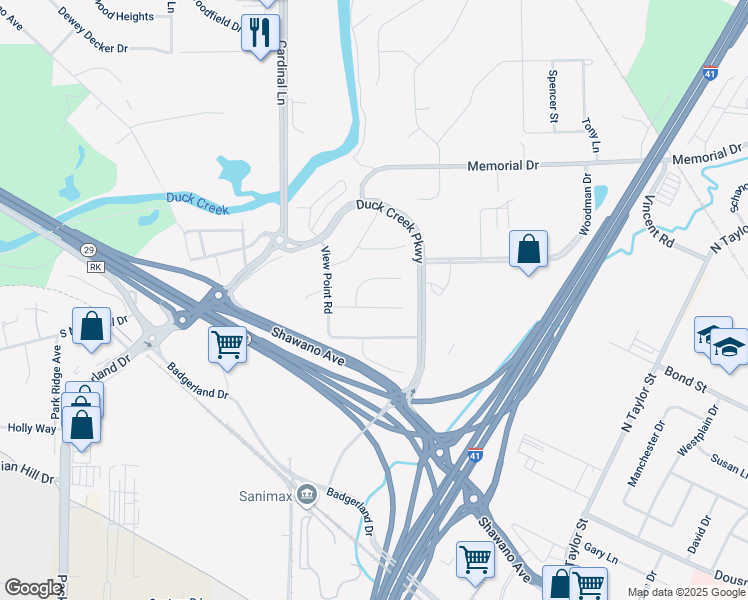 map of restaurants, bars, coffee shops, grocery stores, and more near 2451 Downy Street in Howard