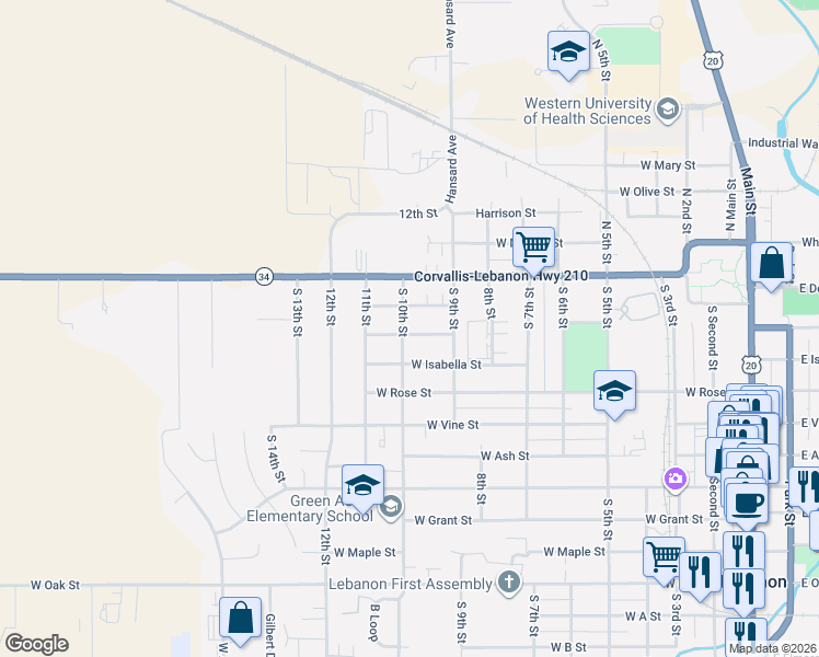 map of restaurants, bars, coffee shops, grocery stores, and more near 870 West Academy Street in Lebanon