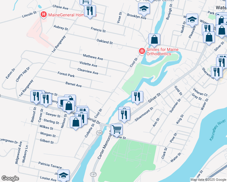 map of restaurants, bars, coffee shops, grocery stores, and more near 57 Cool Street in Waterville