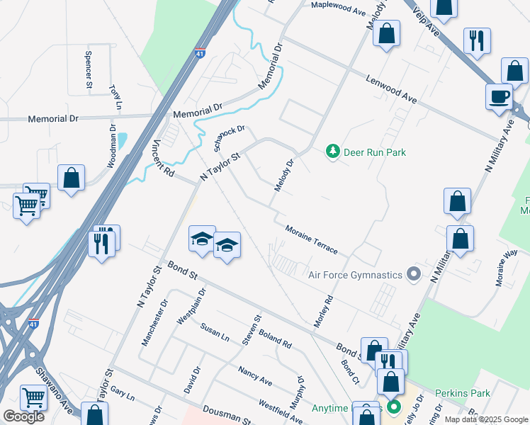 map of restaurants, bars, coffee shops, grocery stores, and more near 2035 Schanock Drive in Howard
