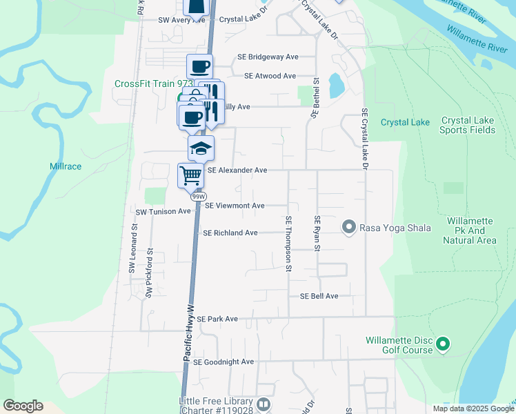 map of restaurants, bars, coffee shops, grocery stores, and more near 525 Southeast Viewmont Avenue in Corvallis
