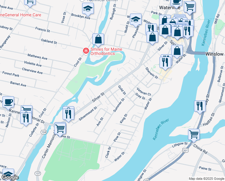 map of restaurants, bars, coffee shops, grocery stores, and more near 115 Silver Street in Waterville