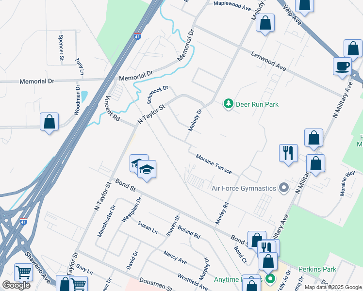map of restaurants, bars, coffee shops, grocery stores, and more near 2035 Schanock Drive in Howard