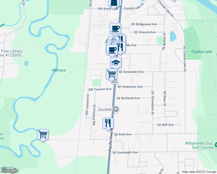 map of restaurants, bars, coffee shops, grocery stores, and more near 135 Southwest Tunison Avenue in Corvallis