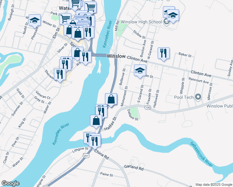 map of restaurants, bars, coffee shops, grocery stores, and more near 34 Bay Street in Winslow