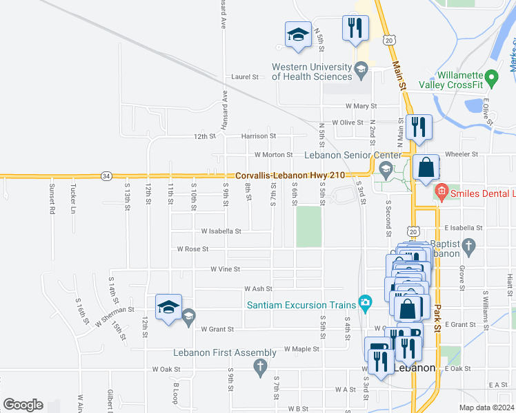 map of restaurants, bars, coffee shops, grocery stores, and more near 267 8th Street in Lebanon