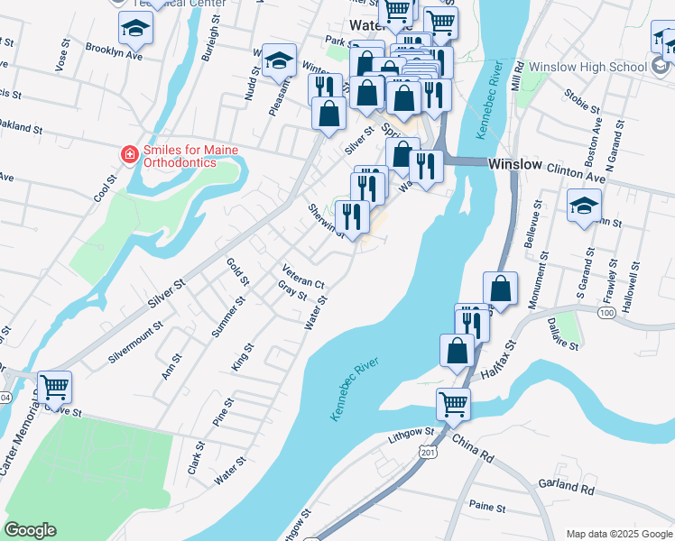 map of restaurants, bars, coffee shops, grocery stores, and more near 11 Autumn Street in Waterville
